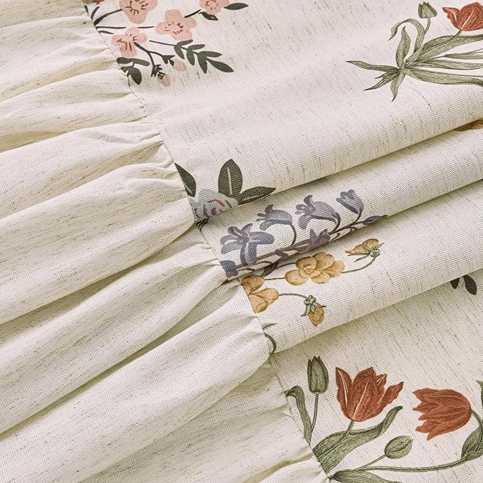 ORTIGIA Linen Textured Ruffle Shower Curtain with Metal Hooks, Vintage Boho Farmhouse Floral Linen Cottagecore Shower Curtain Bathroom Waterproof 72x72 Inch