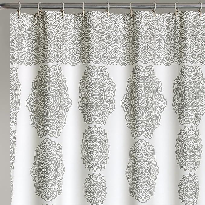Lush Decor, Gray Stripe Medallion Shower Curtain-Fabric Mandala Bohemian Damask Print Design - 72" x 72"