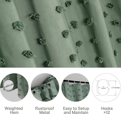 Extra Long Green Boho Shower Curtain Woven Fabric Cute Shower Curtain, 72 x 78 Tufted Pleat Floral Puffs Textured Modern Farmhouse Minimalist Shower Curtain Set with Hooks for Bathroom