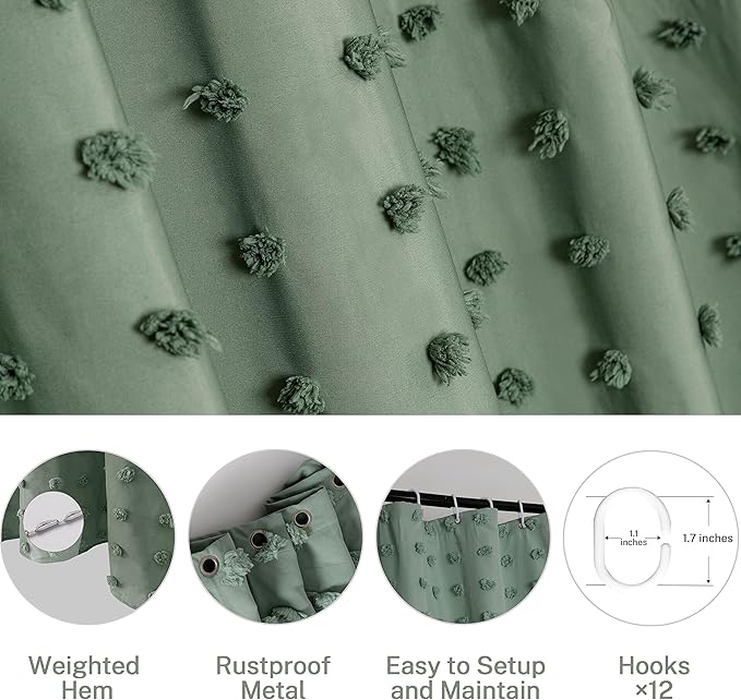 Extra Long Green Boho Shower Curtain Woven Fabric Cute 84 Inch Shower Curtain, 72 x 84 Tufted Pleat Floral Puffs Textured Modern Farmhouse Minimalist Shower Curtain Set with Hooks for Bathroom