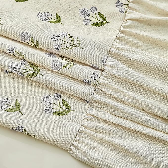 ORTIGIA Linen Textured Ruffle Shower Curtain 72x72 Inch with Metal Hooks, Vintage Blue Green Floral Flowers Block Print Boho Waterproof Bath Curtain for Rustic Farmhouse Bathroom Decor