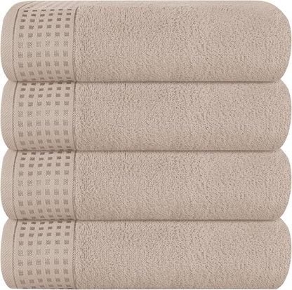 GLAMBURG Ultra Soft 4 Pack Oversized Bath Towel Set 27x54 inches, 100% Cotton Bath Towels, Highly Absorbant Compact Quickdry & Lightweight Towel, Ideal for Gym Travel Camp Pool - Tan