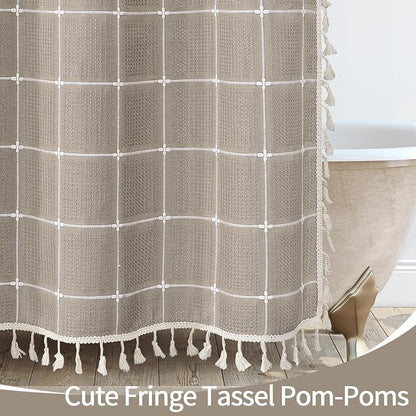 Extra Long Boho Farmhouse Shower Curtain for Bathroom 72x84 | Extra Long French Country Plaid Tassel Shower Curtain, Rustic Aesthetic Bathroom Decor Windows Curtain, Taupe