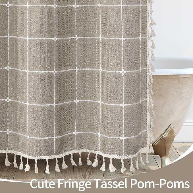 Small Stall Boho Farmhouse Shower Curtain for Bathroom 36x72 | Narrow Half French Country Plaid Tassel Shower Curtain, Rustic Aesthetic Bathroom Decor Windows Curtain, Taupe
