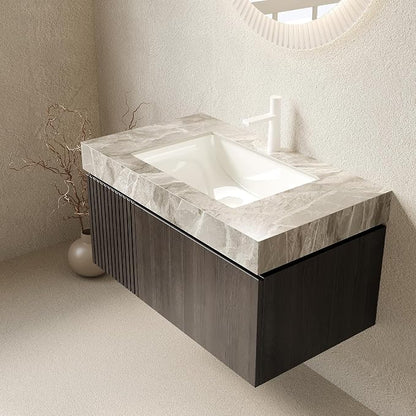 KEIKI 36 Inch Floating Bathroom Vanity with Sink, Espresso & Grey | Modern Wall Mounted Storage Cabinet w/ Drawer & Door, Pre-assembled Wood Panels, Sintered Stone Top & Ceramic Basin Combo Set