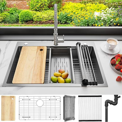 YITAHOME Drop In Kitchen Sink Workstation 33in | 304 Stainless Steel Single Bowl Top Mount Sink w/Ledge & Accessories, Honeycomb Surface Design, 33 x 22 x 10 in, Silver