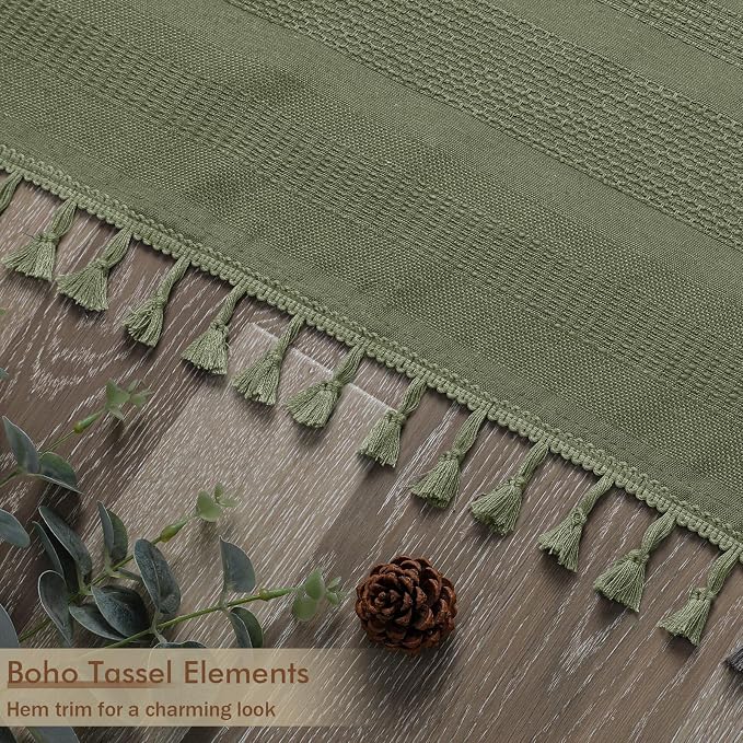 Extra Long Boho Shower Curtain 84 Inch Long, Modern Farmhouse Heavy Duty Linen Textured Soft Fabric, Rustic Country Cloth Shower Curtain with Tassel for Bathroom Hotel, 72Wx84L, Sage Green