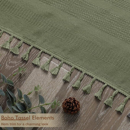 Sage Green Boho Stall Shower Curtain, Narrow Soft Fabric Striped Linen Textured Bathroom Shower Curtain with Tassel, Modern Farmhouse Machine Washable Bath Decor, 36Wx72L Inches