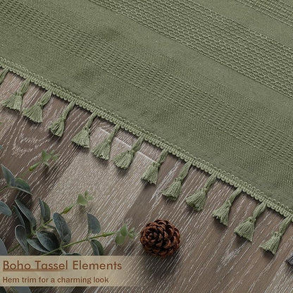 Sage Green Shower Curtain for Bathroom, Boho Linen Textured Shower Curtain with Tassel, Rustic Striped Heavy Duty Vintage Country Bathroom Curtain, 72Wx72L Inches