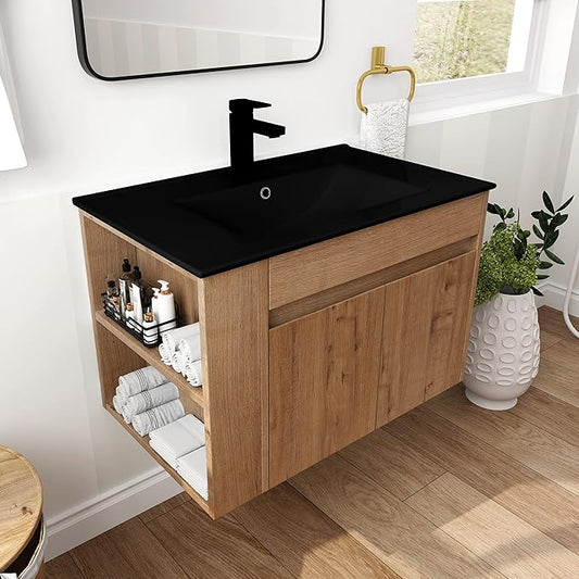 Goujxcy 30" Wall Mounted Bathroom Vanity with Sink, Modern Floating Bathroom Cabinet with Black Ceramic Basin and Storage Cabinet/Shelf, Soft-Closing Door Wood Hanging Bath Room Cabinets