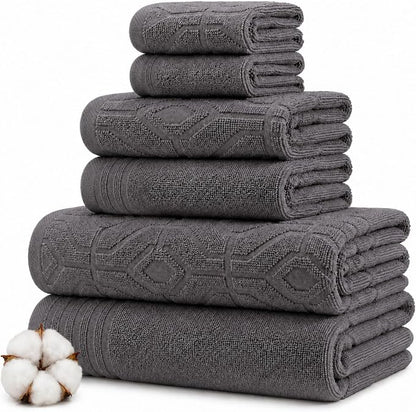 Modern Threads 6 Piece Cotton Bath Towel Set – Ultra Soft 550 GSM Towels – Bathroom Set with Hand Towels and Washcloths – Geometric (Charcoal)