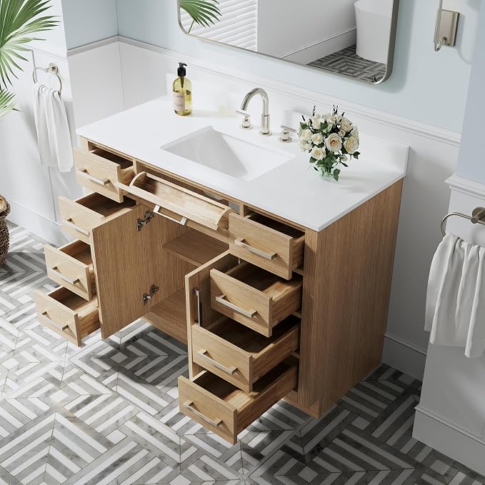 48-Inch Bathroom Vanity with Sink W/ 2 Doors & 8 Drawers & 1 Flip Drawer, Oak Vanity W/Brushed Nickel Handles