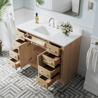 48-Inch Bathroom Vanity with Sink W/ 2 Doors & 8 Drawers & 1 Flip Drawer, Oak Vanity W/Brushed Nickel Handles
