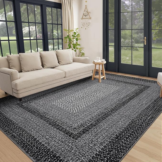 Imitation Braided Collection-Print Living Room Rug 5x7 Washable Rug for Bedroom Modern Non Slip Small Soft Throw Rugs Low Pile Stain Resistant Carpet for Entryway Office Nursery Dining Room
