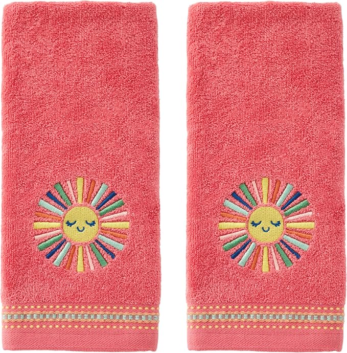 SKL Home Colorful Sun Hand Towel Set-2pc, 100% Cotton, Embroidered, Coral | Soft, decorative velour for summer fun & everyday decor. For use in the bathroom, kitchen or bar.