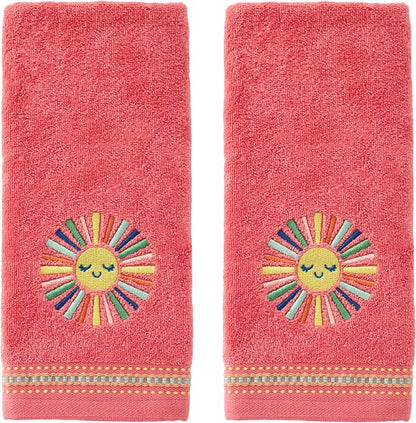 SKL Home Colorful Sun Hand Towel Set-2pc, 100% Cotton, Embroidered, Coral | Soft, decorative velour for summer fun & everyday decor. For use in the bathroom, kitchen or bar.