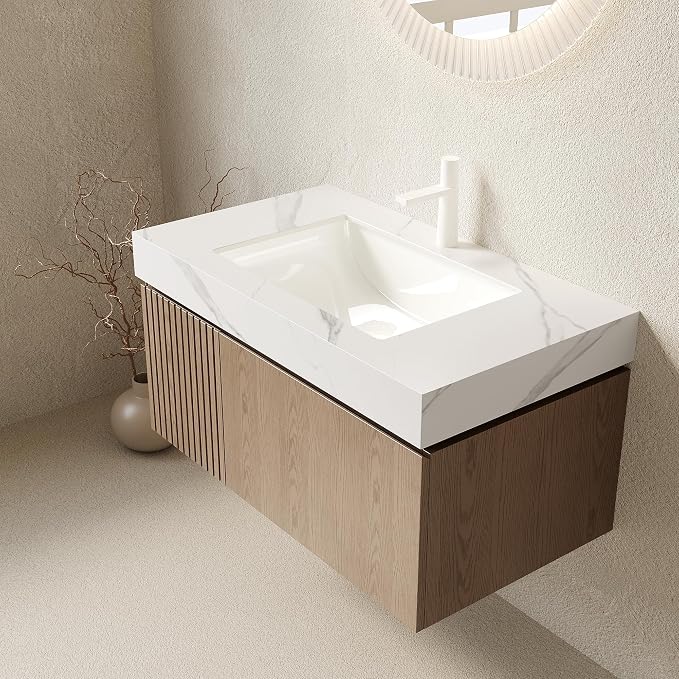 KEIKI 36 Inch Floating Bathroom Vanity with Sink, Light Brown & White | Modern Wall Mounted Storage Cabinet w/ Drawer & Door, Pre-assembled Wood Panels, Sintered Stone Top & Ceramic Basin Combo Set