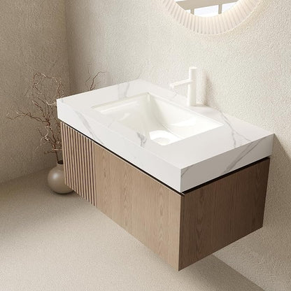 KEIKI 36 Inch Floating Bathroom Vanity with Sink, Light Brown & White | Modern Wall Mounted Storage Cabinet w/ Drawer & Door, Pre-assembled Wood Panels, Sintered Stone Top & Ceramic Basin Combo Set