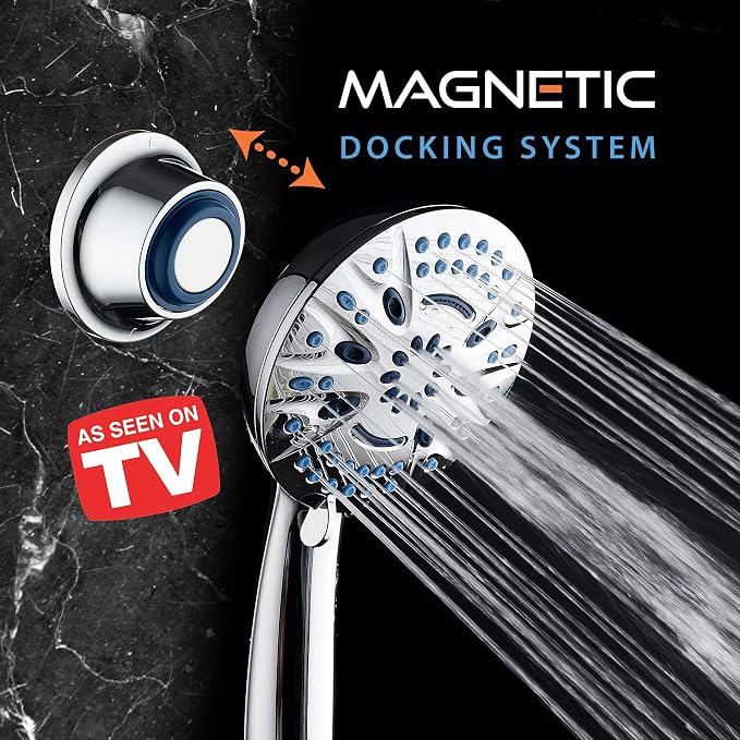 AquaCare Magneton 8-Mode High Pressure Handheld Shower Head with 2 Brackets | Space-age Magnetic Guidance Docking, Giant 5-inch Face with Hygienic Jets, Extra-long 6 ft. Stainless Steel Hose / Chrome