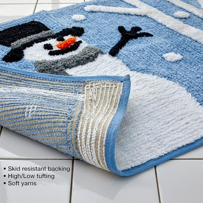 SKL Home Christmas Winter Friends Snowman Bath Rug, 20" x 30", Blue | Ultra-plush & absorbent. Anti-slip Latex backing. Great for the bathroom, kitchen or any space. Machine washable.