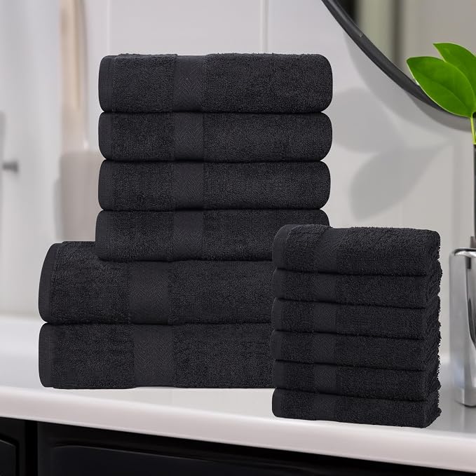 Superior 12-Piece Cotton Assorted Towel Set, Includes 6 Face Towel, 4 Hand, and 2 Bath Towels, Home, Bathroom, Guest Bath Essentials, Quick Dry, Absorbent, Franklin Collection - Black