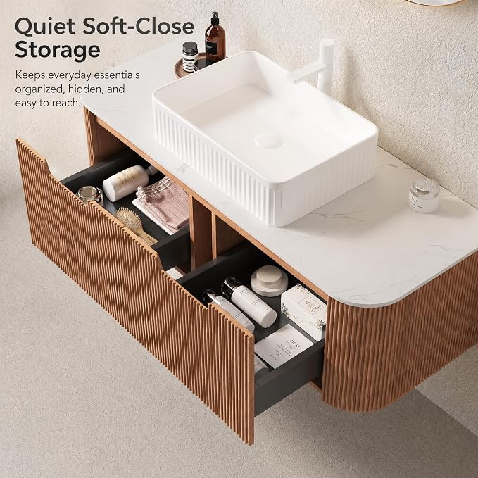 48 Inch Bathroom Vanity with Sink, Floating Wall Mounted Single Sink Vanity, Natural Woodgrain Curved Fluted Front, Stone Top, White Textured Rectangular Vessel Basin, Pre-Assembled