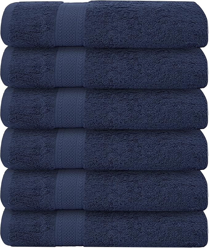 Bath Towels Set of 6 – 100% Cotton Terry – 24" x 48" – Quick Dry, Soft & Highly Absorbent – Navy Blue Towels for Bathroom, Gym, Spa, Pool & Daily Use