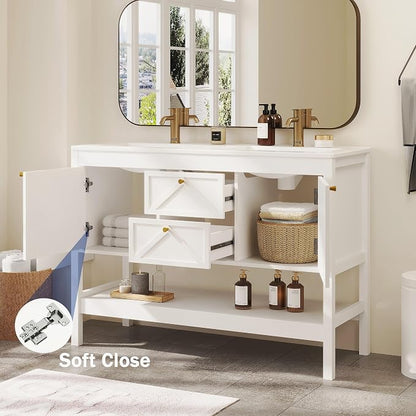 Bathroom Vanity with Double Sink Set, 48 Inch Pedestal Sink Storage Cabinet with 2 Drawers & 2 Doors, Mid-Century Modern Bathroom Vanity with Open Bottom Shelf, White