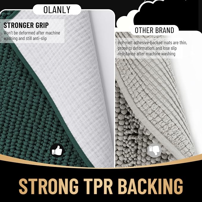 OLANLY Thick Chenille Toilet Rugs U-Shaped 24x20, Blackish Green | Soft Absorbent Shaggy Contour Bathroom Rugs for Toilet, Dry Quickly, Machine Washable, Non-Slip Bath Mat