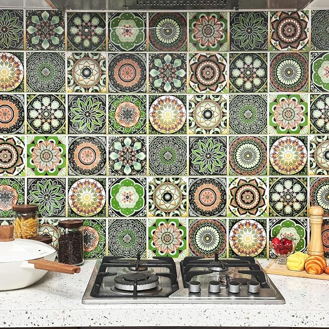 Easy Peel Stick wall Tile Stickers 6x6in Stick on backsplash Tiles,12Pcs | removable 3D tile for kitchen RV bathroom laundry backsplash decor,Ultra-high-definition printed mandala pattern