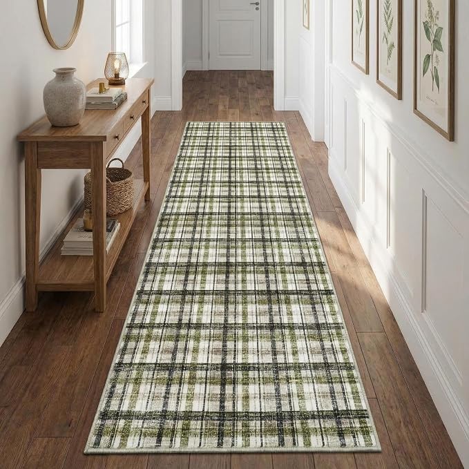 2x8 Runner Rug Bathroom Rugs Non Slip Machine Washable Hallway Rug Modern Soft Non-Shedding Kitchen Runners for Bathroom Bedroom Entryway Nursery, Green&Taupe