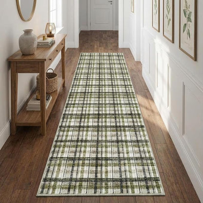 2x8 Runner Rug Bathroom Rugs Non Slip Machine Washable Hallway Rug Modern Soft Non-Shedding Kitchen Runners for Bathroom Bedroom Entryway Nursery, Green&Taupe