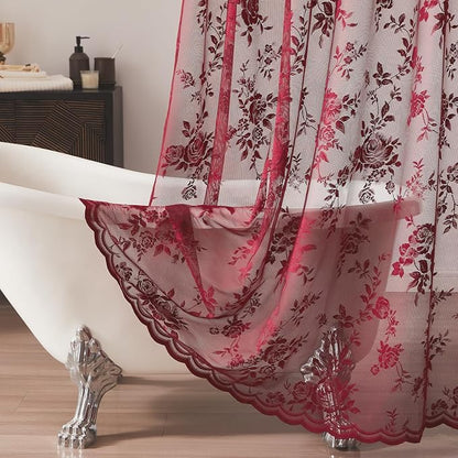 Burgundy Lace Shower Curtain for Bathroom Vintage Maroon Floral Shower Curtain with Attached Valance, Decorative Romantic Victorian Lace Bath Curtains Luxury Wine Bathroom Decor, 36 x 72 Inch, 1 Panel