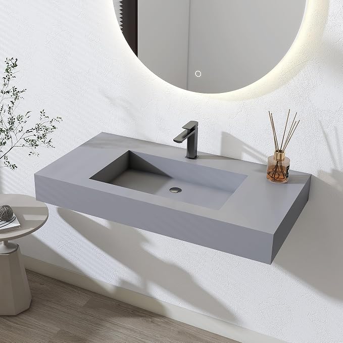 SJ STAR&JANE 35" x 19" in Solid Surface Bathroom Sink, Wall-Mount or Countertop Vessel Sink, Rectangle Floating Vanity Sink in Light Gray, Pre-installed Faucet Holes, Durable Modern Design