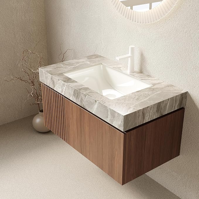 KEIKI 36 Inch Floating Bathroom Vanity with Sink, Brown Oak & Grey | Modern Wall Mounted Storage Cabinet w/ Drawer & Door, Pre-assembled Wood Panels, Sintered Stone Top & Ceramic Basin Combo Set