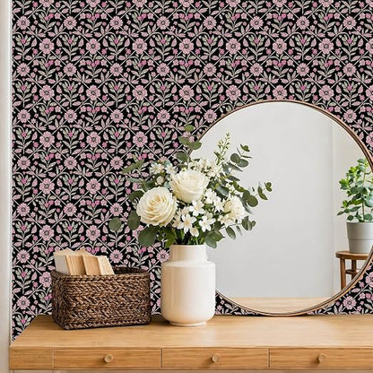 Black Pink Floral Peel and Stick Floor Tiles 12x12 Inch 10PCS | Pink floral vine pattern on a black background vinyl floor stickers for kitchen bathroom entryway and indoor home decor