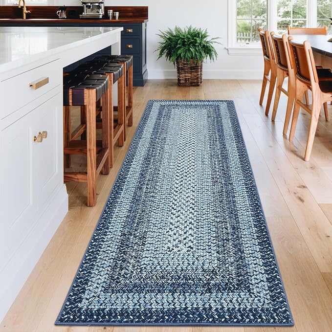 Washable Runner Rug 2x8 Bathroom Rugs Blue Modern Printed Braided Bedroom Rug Non Slip Geometric Area Rug Kitchen Rugs Stain Resistant Carpet for Laundry Room 2'x8' Blue