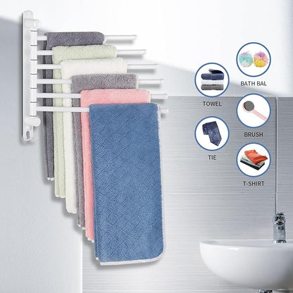 Swivel Towel Rack, 12.6 Inch Towel Bar with Wall Mounted 180° Rotation, 6 Arms Towel Hanger SUS 304 Stainless Steel, Space Saving for Kitchen, Bathroom, Outdoor, White