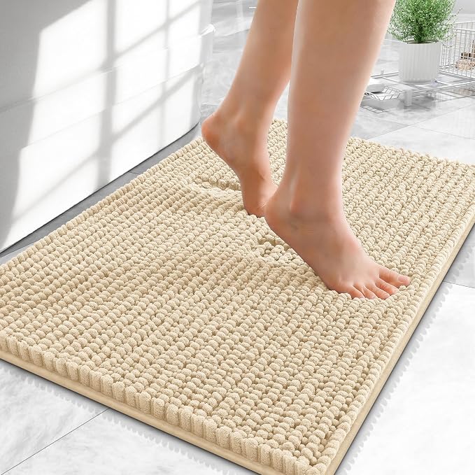 OLANLY Thick Chenille Small Bathroom Rugs 24x16, Absorbent Bath Mat, Beige | Soft Bath Rugs, Rubber Backing, Machine Wash Dry, Bath Mats for Bathroom, Tub and Shower, Home Decor Accessories