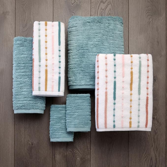 SKL Home CloudSoft/Modesto Stripe Bath Towel Set, 6-Piece, Teal/Multi | 2 Bath towels, 2 hand towels. 2 washcloths. 100% Cotton. 600 GSM. Soft & absorbent jacquard. Premium spa-level quality.