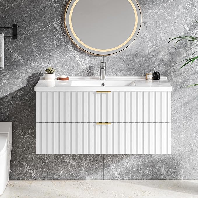 ONBRILL 36 Inch Bathroom Vanity with Sink Combo, Floating Bathroom Vanity with 2 Fluted Drawers & Metal Handle, Modern Wall Mount Storage Cabinet with Ceramic Integrated Sink for Small Space (White)