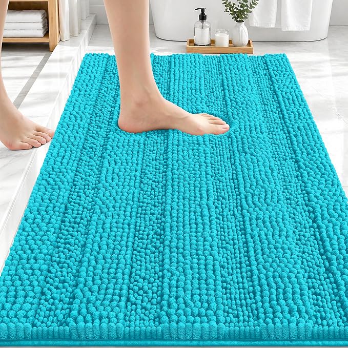 OLANLY Thick Bathroom Rugs 30x20, Soft Chenille Striped Bath Rugs, Aqua Sky | Rubber Backing, Machine Wash, Extra Absorbent Bath Mats for Bathroom Floor, Tub and Shower, Home Decor Accessories