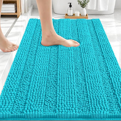 OLANLY Thick Bathroom Rugs 30x20, Soft Chenille Striped Bath Rugs, Aqua Sky | Rubber Backing, Machine Wash, Extra Absorbent Bath Mats for Bathroom Floor, Tub and Shower, Home Decor Accessories