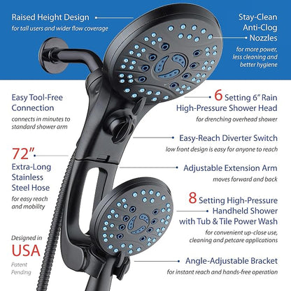 AquaCare 50-mode High Pressure Shower Head Combo with Arm & Dual Power Wash | Hygienic Jets, 2-mode Handheld Power Wash for Tub, Tile & Pets, Long 6 ft. Stainless Steel Hose, Extra Wall Bracket / Bronze