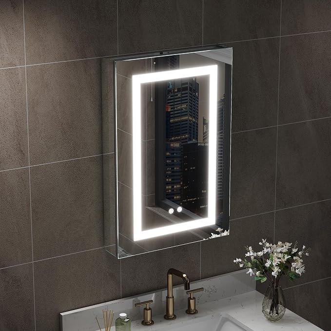 WELLFOR 20 x 30-in LED Medicine Cabinet, Surface or Recessed Mounted, Single Right Opening Doors, Anti-Fog, Mirror with Outlets & USB Ports