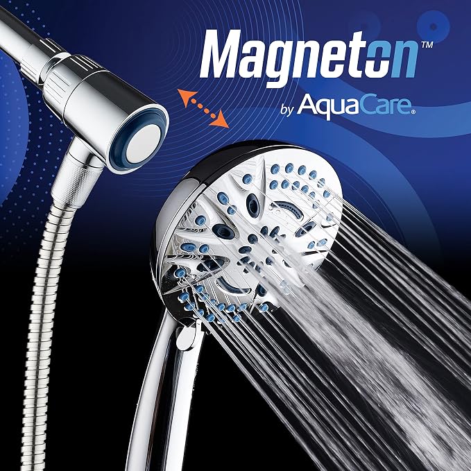 AquaCare Magneton 8-Mode High Pressure Handheld Shower Head with 2 Brackets | Space-age Magnetic Guidance Docking, Giant 5-inch Face with Hygienic Jets, Extra-long 6 ft. Stainless Steel Hose / Chrome