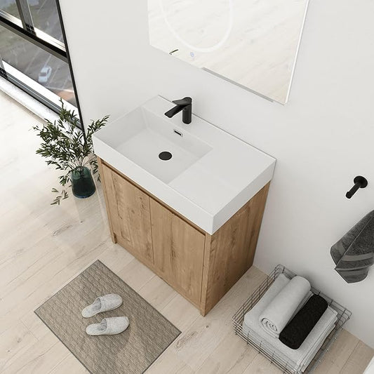 30 Inch Bathroom Vanity with Sink, Modern Bathroom Vanity Set, Brown Vanity, Soft-Closing Door and Thick Edge Resin Basin - 30" (IMO, 30inch-Left)