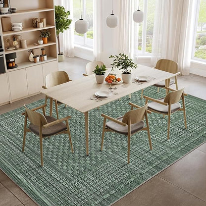 Washable Rug 9x12 Area Rug for Living Room Modern Bedroom Rug Checkered Green Plaid Large Area Rug Non Slip Throw Rugs Soft Low Pile Stain Resistant Carpet for Dining Room 9'x12' Green