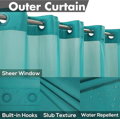 River Dream No Hook Slub Textured Shower Curtain with Snap-in PEVA Liner Set - 71" x 74"(72"), Hotel Style with See Through Top Window, Machine Washable & Water Repellent, Teal, 71x74