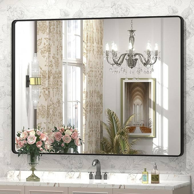 44x36 Inch Black Metal Framed Bathrrom Mirror for Wall | Black Matte Bathroom Vanity Mirror, Rounded Rectangle, Anti-Rust, Tempered Glass, Hangs Horizontally or Vertically